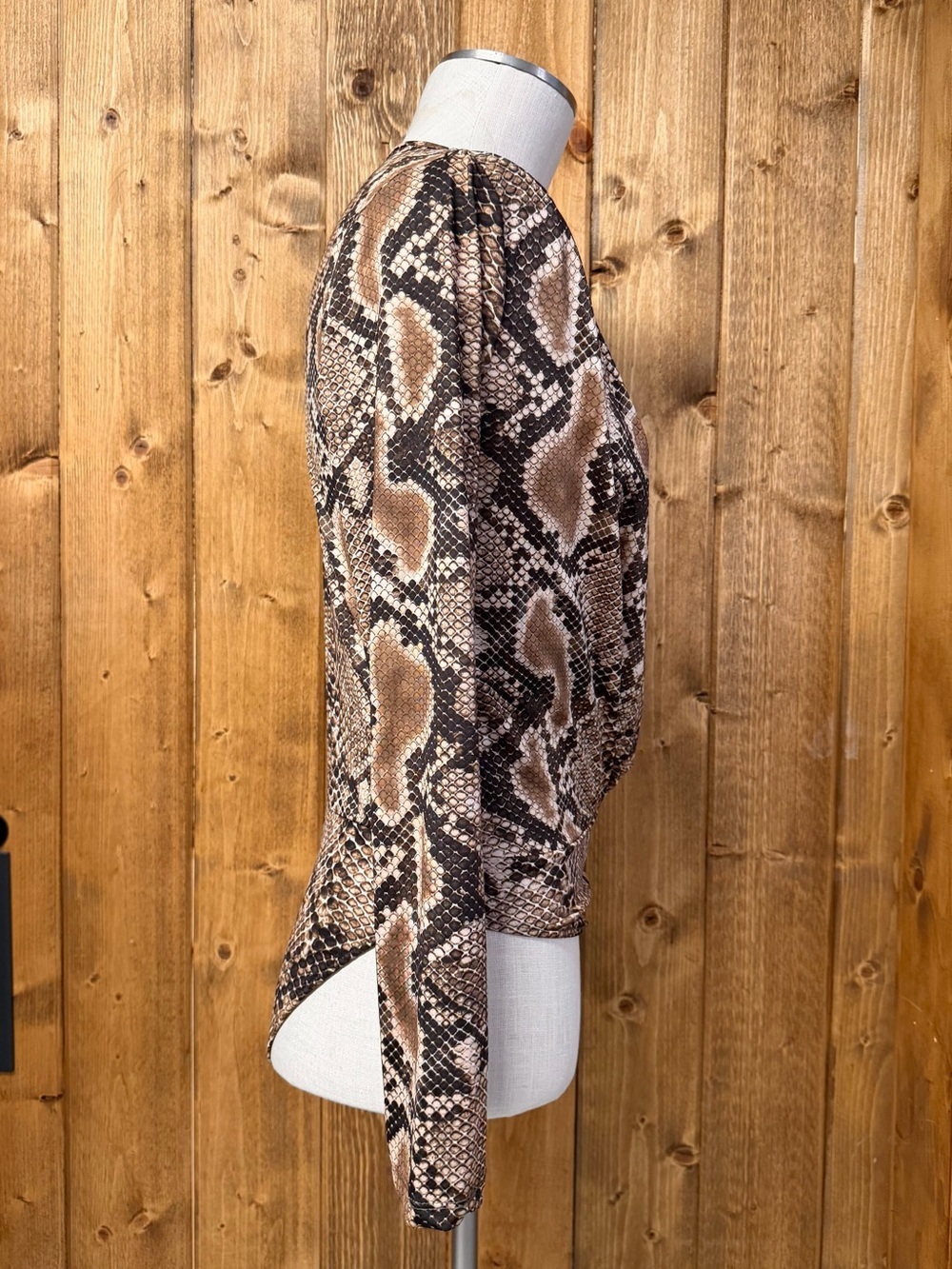 Zara Trafaluc Medium Brown Snakeskin Drape Long Sleeve Bodysuit - Picture 3 of 8